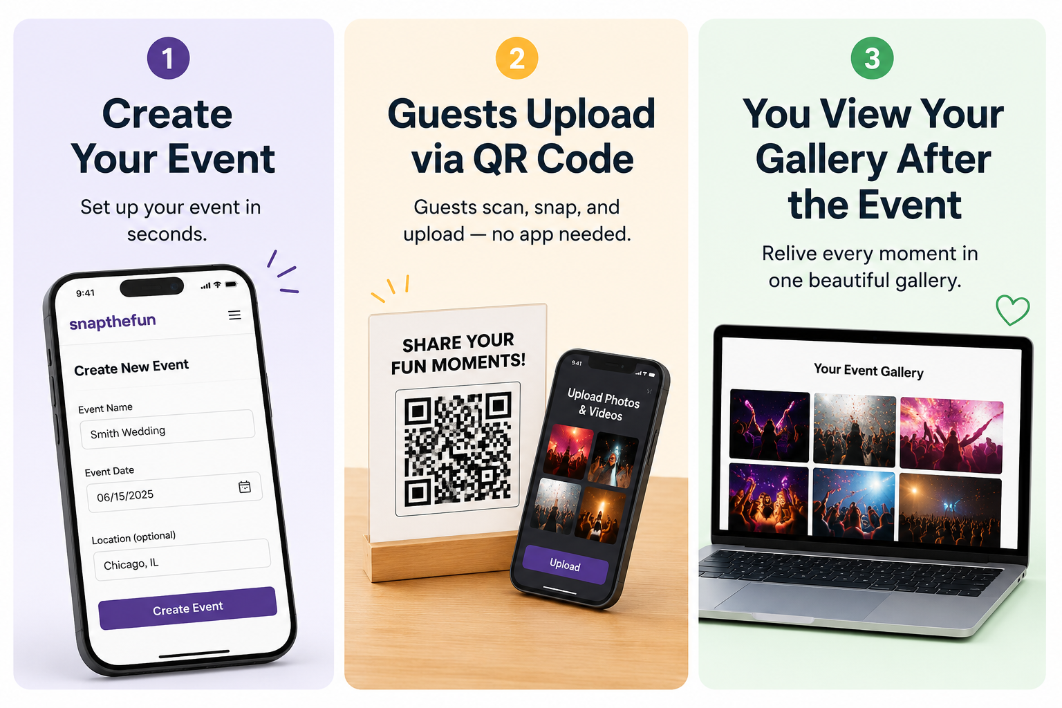 Three steps: create your event, let guests upload photos and videos through a QR code, then view everything in your event gallery.